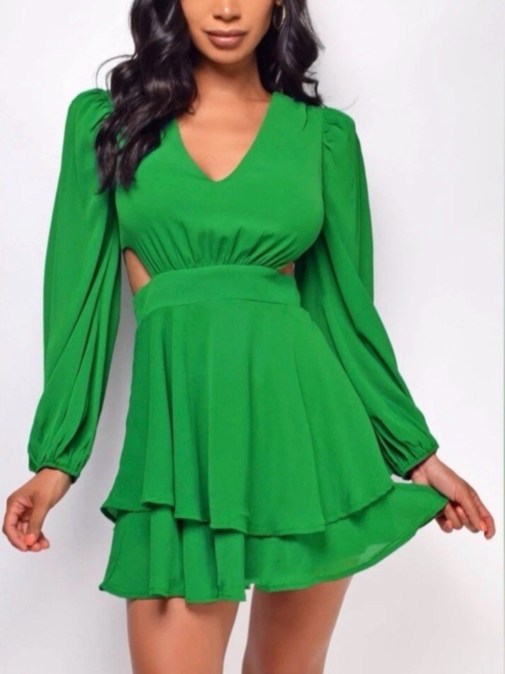 Flying Tomato Emerald Green Cutout Tiered Mini Dress